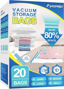 lot 4911 image: Fygrip Vacuum Storage Bags with Hand Pump, Plastic Packaging Bags, 80% Space Saver Vacuum Seal Bags for Clothing, Travel Lugggage, Blankets, Comforters, 20 Combo