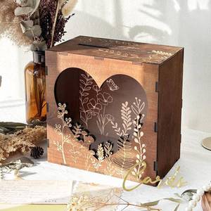 lot 4912 image: OurWarm Brown Wedding Card Box for Reception with Heart Acrylic Window, Wooden Gift Card Box for Wedding with Flower Pattern, Vintage Card Box for Graduation Birthday Party Anniversary Baby Shower