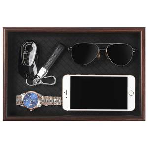 lot 4929 image: Zosenley Wooden Valet Tray with Leather Base - Nightstand Catchall Organizer for Cologne, Perfume, Keys, Wallet, Phone, Watch, Jewelry & Sunglasses (Black)