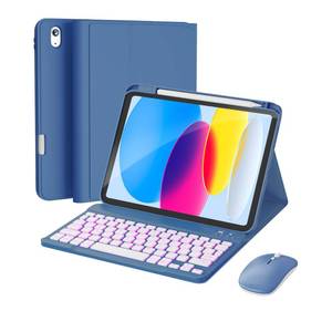 lot 4930 image: RAYMCRAFT for iPad 11th (A16, 2025)  10th Generation Case with Keyboard, Mouse and Detachable Wireless Keyboard, 7-Color Backlight, Slim Case with Pencil Holder, Steel Blue