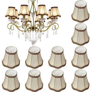 lot 4937 image: Riakrum 10 Pcs Shades for Chandeliers European Small Lamp Shade Chandelier Clip on Fabric Drum Lamp Mini Rustic Light Cover for Table Candle Wall Light Replacement, 3.1 x 5.5 x 4.7 Inch(Golden)