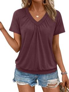 lot 4952 image: AUTOMET Womens Tops Short Sleeve V Neck T Shirts 2026 Summer Spring Beach Vacation Clothes Casual Loose Ruched Top WineRed XL