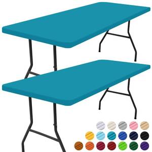 lot 4957 image: Smiry 2 Pack Rectangle Picnic Table Cloth, Waterproof Elastic Fitted Tablecloths, Washable Polyester Rectangular Patio Table Cover for Camping, Indoor and Outdoor (Teal, 30x48)