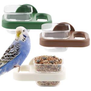 lot 4980 image: 3 Pack Bird Cage Feeder Portable Bird Plastic Feeding Dish Cup Detachable Bowl with Perch for Parakeet Budgies Cockatiel Lovebird Small Birds (Square Cup)