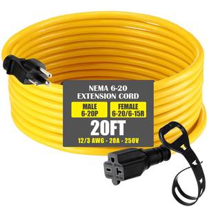 lot 4986 image: Saysurey 20 ft Nema 6-20 Extension Cord, Nema 6-20p Male Plug to 6-20r6-15r Female Receptacle, 20 Amp T-Blade Outlet Extension Power Cord with Waterproof Sockets, Heavy Duty 123 Awg, 250v, 5000w