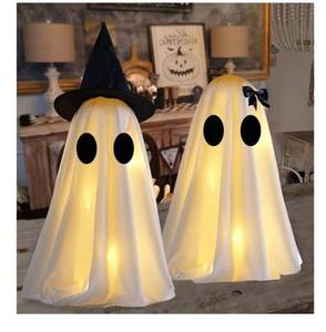 lot 5006 image: Timer Light Up Halloween Scary Ghost Decorations, Set of 2 DIY Spooky Crafts for Indoor Home Mantel Shelf & Tabletop Decor White