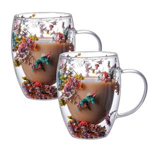 lot 5035 image: Viovian 13oz Double Wall Glass Coffee Mugs Set of 2 Insulated Glass Coffee Cups with Handles,Clear Dried Flower Tea Mug for for Hot Beverages,Tea Cup Women Birthday Gifts