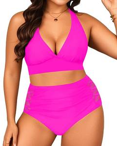 lot 5073 image: Yonique Womens Two Piece Plus Size Halter Bikini Swimsuits Tummy Control Bathing Suits High Waisted Swimwear Hot Pink 20W