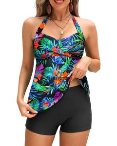 lot 5075 image: Talisea Tankini Swimsuit Bathing Suit 2024 - Women Two Piece with Shorts Halter Twist Front Flowy Top Retro Swimwear Black Floral Large