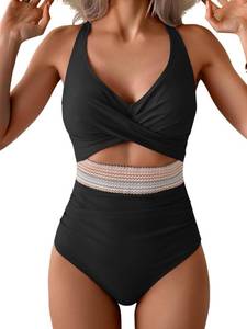 lot 5078 image: B2prity One Piece Swimsuit for Women Tummy Control V Neck Bathing Suit Color Block High Waisted Cutout Swimwear medium