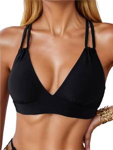 lot 5079 image: SOLY HUX Womens Bikini Tops V Neck Criss Cross Back Spaghetti Strap Padded Bathing Suit Swim Top Only Solid Black Medium