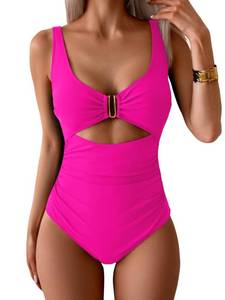 lot 5081 image: Eomenie Womens One Piece Swimsuit Tummy Control Ruched Bathing Suit Cutout V Neck Swimwear High Cut Tie Back Swim Suit Hot Pink small