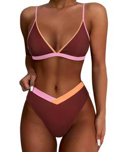 lot 5086 image: SUUKSESS Women Triangle High Cut Bikini Sets Sexy High Waisted Color Block Two Piece Swimsuits Push Up Bathing Suits(Brown Color Block,S)