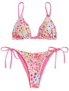 lot 5087 image: ZAFUL Womens Triangle Bikini Floral String Bikini Set Two Piece Swimsuit Bathing Suits (2-Coral Pink, S)