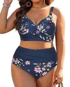 lot 5088 image: Yonique Womens Plus Size High Waisted Bikini Set Two Piece Swimsuit Tummy Control Bathing Suit Blue Flower 14W