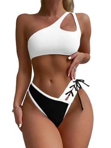 lot 5089 image: SherryDC Womens Cheeky Cutout One Shoulder Bikini Color Block V Cut High Leg Two Pieces Swimsuit large