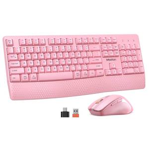 lot 5092 image: MEETION Wireless Keyboard and Mouse, Full-Sized Cordless Keyboard with Wrist Rest, 3 DPI Adjustable Mouse, Keyboard and Mouse Set with 2.4GHz USB Receiver, for PCComputerLaptopWindowsMac, Pink