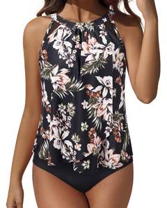 lot 5097 image: SUUKSESS Women Slimming Tummy Control Tankini Bathing Suits Ruffle High Waisted High Neck 2 Piece Swimsuits(Black Floral,L)