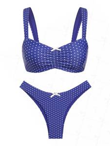 lot 5109 image: seamoly Vintage Polka Dots Ruched Bowknot Decor Tank Style Cheeky Bikini Set,Deep Blue,M