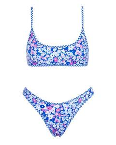 lot 5135 image: VOLAFA Womens Triangle Bikini Set Smocked Textured Scoop Frilled Print Ruched Elastic Swimsuit Two Piece Bathing Suit (Blue Floral, Small)