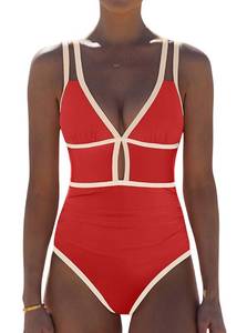 lot 5136 image: popvil Women One Piece Swimsuit 2026 Tummy Control Sexy Cutout Neon Color Block Bathing Suit Slimming Adjustable Swimwear, Brick Red, Medium