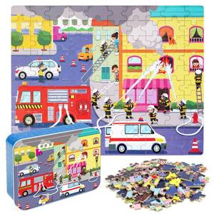 lot 5147 image: LELEMON 100 Pieces Jigsaw Puzzles in a Metal Box for Kids Age for 4-8 Boys Girls Toy Puzzles Fire Truck Ambulance Police Car Fireman Children Learning Educational Puzzles Toys