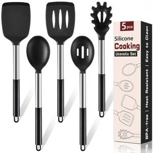 lot 5149 image: 5Pcs Silicone Cooking Utensils Set, Heat Resistant Kitchen Tools Include Solid&Slotted Spatula, Cooking Spoon and Pasta Server, Silicone Kitchen Utensils set for Nonstick Cookware Flipping, Black