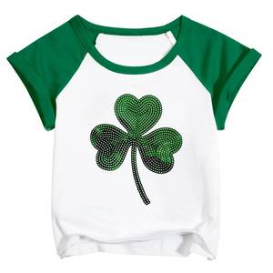 lot 5155 image: Girls St Patricks Day Shirt Sequin Irish Shirts St Patricks Shamrock Clover Short Sleeve Tee Top size 120