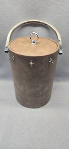 lot 422 image: Brown Leather Ice Bucket with Chrome Handle and Bar Tools
