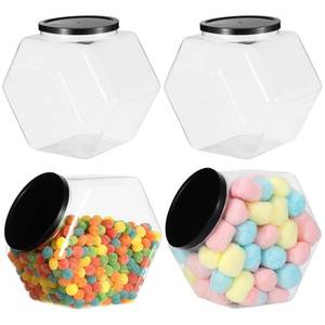 lot 5928 image: 4 Pcs Hexagon Plastic Candy Jars, 129 oz Clear Cookie Jars with Airtight Lids, Wide Round Mouth Snacks Containers, Reusable Coffee Candy Display Containers - Retail $41