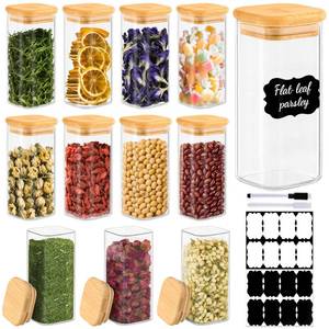 lot 5931 image: TBWIND 12 Pack 10 oz Square Glass Spice Jars with Lids and Labels Airtight Small Spice Containers Set, Clear Glass Storage Jars for Seasoning, Spices, Kitchen Pantry Organization - Retail $36