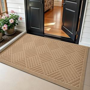 lot 5933 image: PLEASOR Front Door Mat Outside Entrance, Dirt Resistant and Absorbent Welcome Door Mat Outdoor Indoor, Sturdy Non-Slip Backing Entry Mat, Fade Resistant, Low Profile Doormat for Entryway, 36x24,Beige - Retail $32