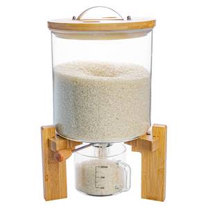 lot 5938 image: Aprilhp Rice Dispenser, Rice Storage Container, Flour and Cereal Container for Kitchen Organization and Pantry Store, Glass Cereal dispenser with Airtight Lid and Wooden Stand 5L - Retail $67