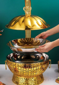 8 Liter Gold Luxury Chafing Dishe for Buffet Stainless Steel Chafing Dish with Hollow-Out Frame, Large Capacity Catering Chafer for Weddings, Parties, Banquets - Retail: $195