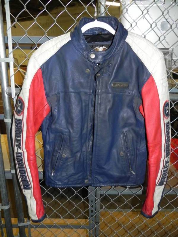 lot 10684 image: Harley Davidson Blue White & Red Leather Riding Jacket