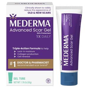 lot 1550 image: Mederma Advanced Scar Gel, Treats Old and New Scars, Reduces the Appearance of Scars from Acne, Stitches, Burns and More, 50 Grams - Retail $38