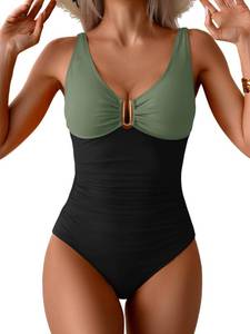 lot 1571 image: B2prity One Piece Swimsuit for Women Tummy Control Ruched Bathing Suit V Neck Push Up Swim Suit (STOCK PHOTO NOT EXACT- DARK ORANGE) Medium  - Retail $35