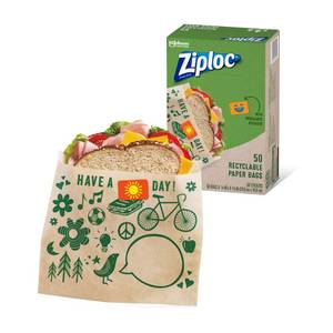 lot 1580 image: Ziploc Paper Sandwich and Snack Bags, Recyclable & Sealable with Fun Designs, 50 Bags Total - Retail $6
