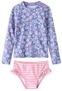 lot 1581 image: UMELOK Toddler Girls Rash Guard Swimwear 2-Pieces Long Sleeve Swimsuit Sets Light PurplePink, FloralStripe 2T - Retail $20