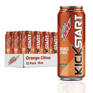 lot 1592 image: Mountain Dew Kickstart, Orange Citrus, 92mg Caffeine, Vitamins B & C, 80 Calories, 5% Juice, 16 Fl Oz (Pack of 12) (MISSING 2) - Retail $19