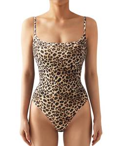 lot 1606 image: SUUKSESS Women Sexy Square Neck Thong Bodysuit Backless Sleeveless Basic Cami Body Suit Top (Leopard, XS) - Retail $29