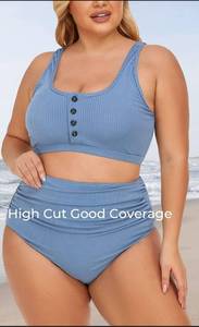 lot 1670 image: Blue Ribbed Two Piece Bikini Set with Button Detail Medium  - Retail $15