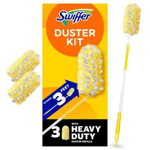 lot 1672 image: Swiffer Duster Kit with 3 ft Extendable Handle, Heavy Duty Dusting Starter Kit with 3 Refills, for Ceiling Fans, Vents and Hard to Reach Places - Retail $10