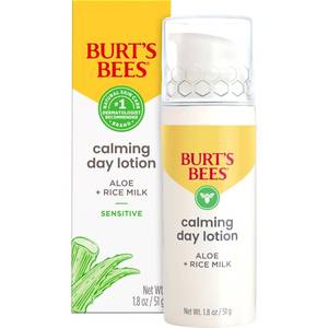 lot 1718 image: Burts Bees Calming Day Face Lotion With Aloe and Rice Milk, Soothing Face Lotion for Sensitive Skin, 98.9 Percent Natural Origin Skin Care, 1.8 oz. Bottle - Retail $16