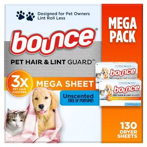 lot 1725 image: Bounce Pet Hair and Lint Guard Mega Dryer Sheets with 3X Pet Hair Fighters, Unscented, 130 Count - Retail $10
