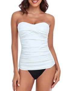 lot 1733 image: RELLECIGA Womens Ruched Tankini Sets Tummy Control Two Pieces Bathing Suit Bandeau Tankini with Cheeky Swimsuit Bottom(WhiteBlack,Large) - Retail $35
