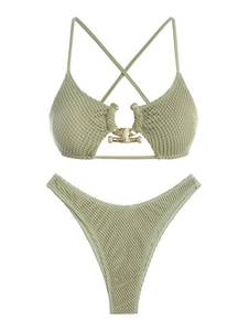 lot 1775 image: ZAFUL Womens Cutout Bikini Criss Cross Textured Metal High Leg Bikini Sets Cheeky Swimswear Two Piece Swimsuit small  - Retail $33