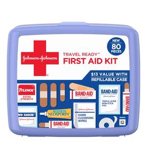 lot 1802 image: BAND-AID Brand Travel Ready Portable Emergency First Aid Kit for Minor Wound Care, Perfect for Home, Car, Travel, Camping Essentials & Outdoor Emergency Kit, 80 Pieces - Retail $11