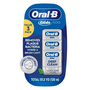 lot 1811 image: Oral-B Glide Dental Floss, Shred Resistant, Gentle on Gums, Natural Wax, Slides Smoothly, Deep Clean Cool Mint Flavor, 40 M, 3 Count - Retail $10