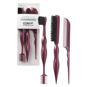 lot 1815 image: Conair Slick Back Tail Comb Set, 3-Pack with Fine Tooth Tail Comb, Edge Brush, and Smoothing Brush for Teasing, Parting, and Smoothing Sleek Hair Styles, Control Hair Flyaways - Retail $6